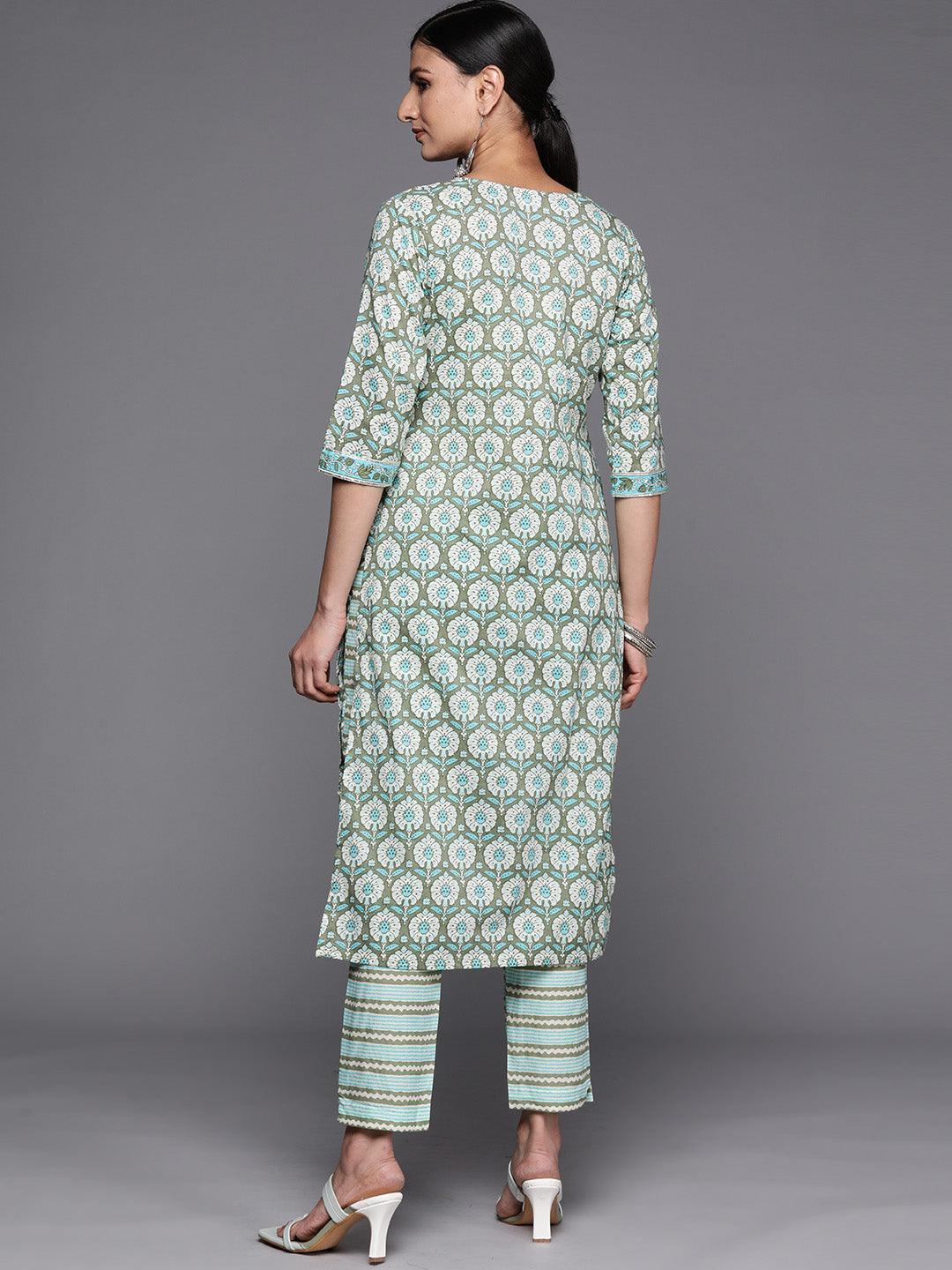 Green Printed Cotton Straight Kurta Set With Trousers - ShopLibas 