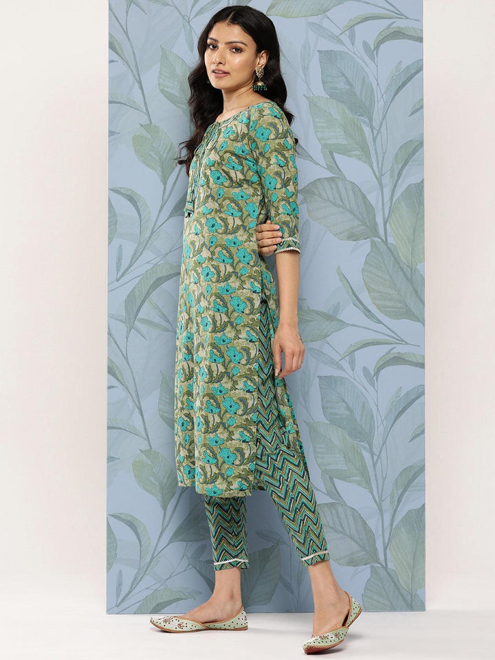 Green Printed Cotton Straight Kurta With Trousers