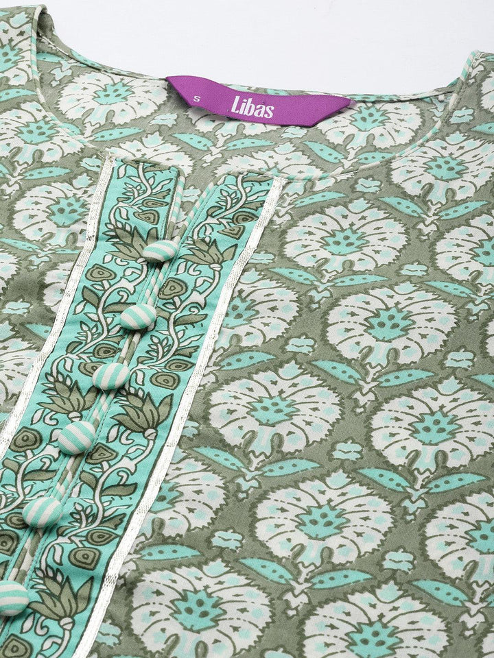 Green Printed Cotton Straight Kurta Set With Trousers
