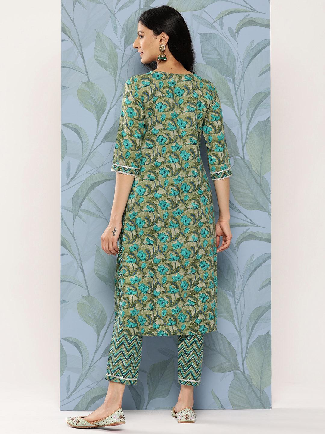 Green Printed Cotton Straight Kurta Set With Trousers - Libas 