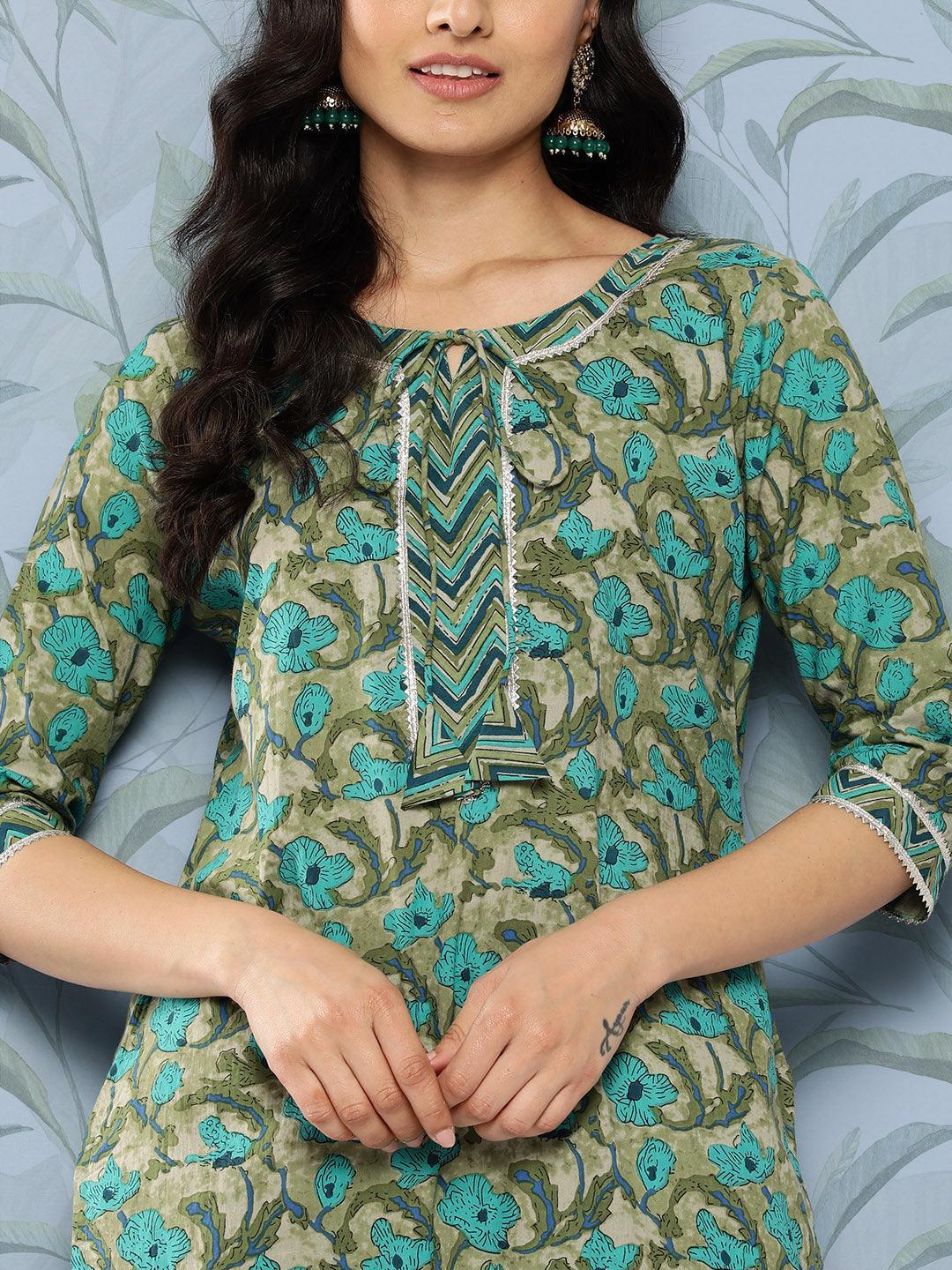 Green Printed Cotton Straight Kurta Set With Trousers - Libas 