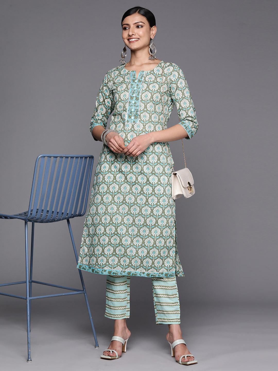 Green Printed Cotton Straight Kurta Set With Trousers - ShopLibas 