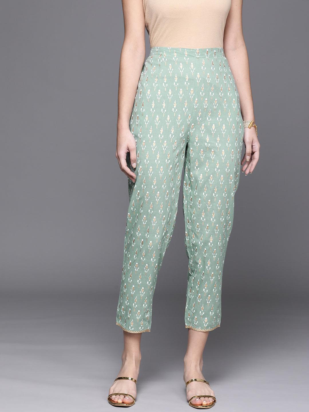 Green Printed Cotton Trousers - ShopLibas