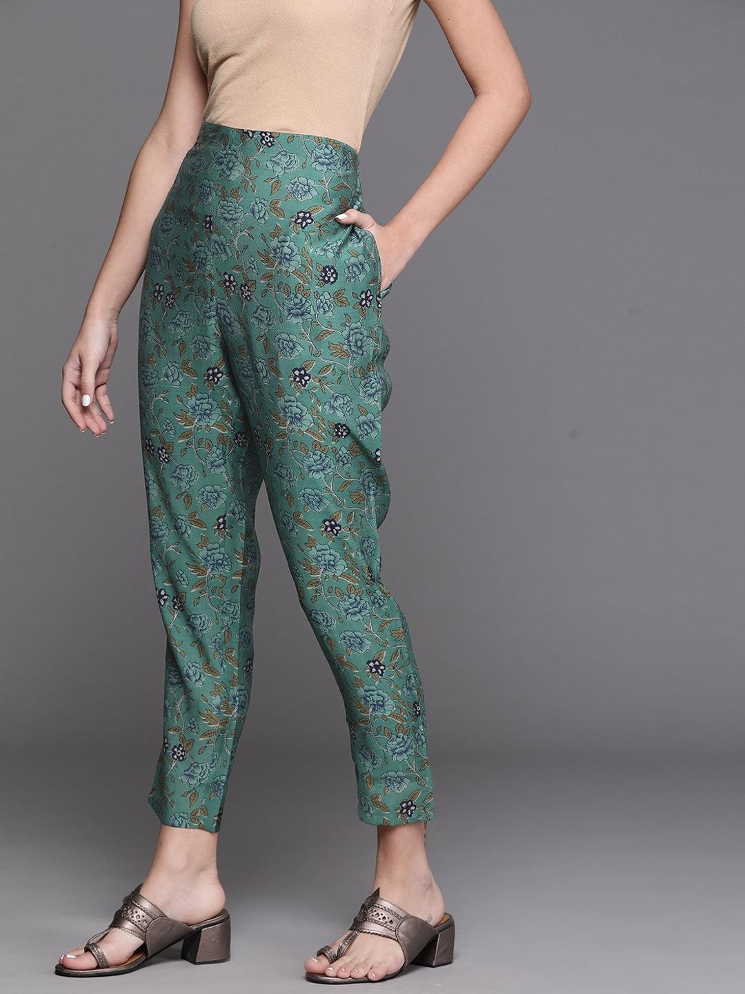 Green Printed Cotton Trousers - ShopLibas
