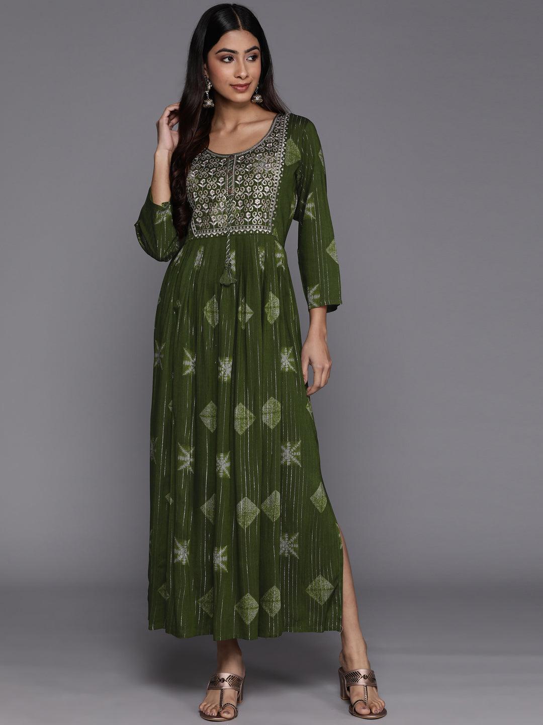Green Printed Fit and Flare Rayon Dress - ShopLibas
