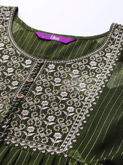Green Printed Fit and Flare Rayon Dress - ShopLibas