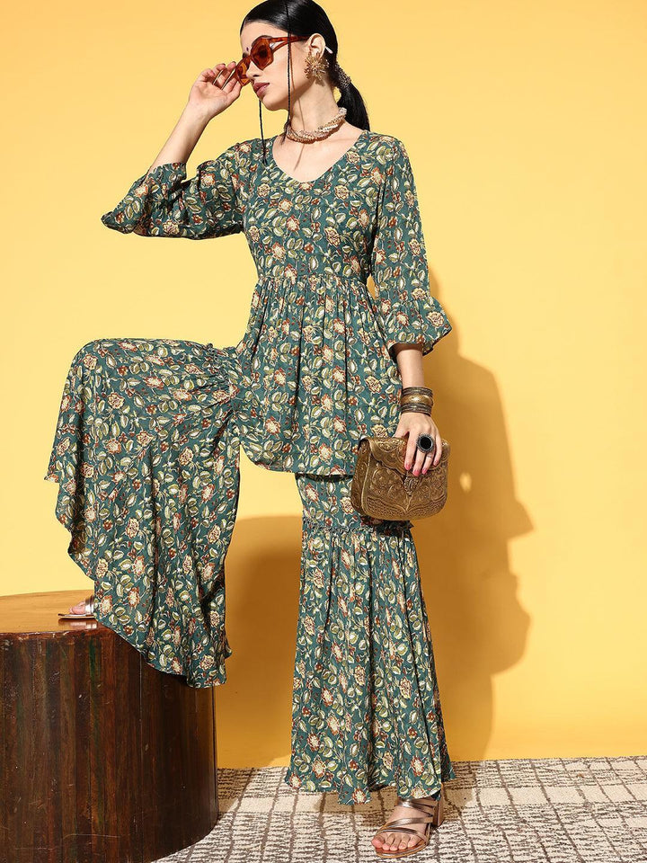 Green Printed Georgette Co-Ords - ShopLibas