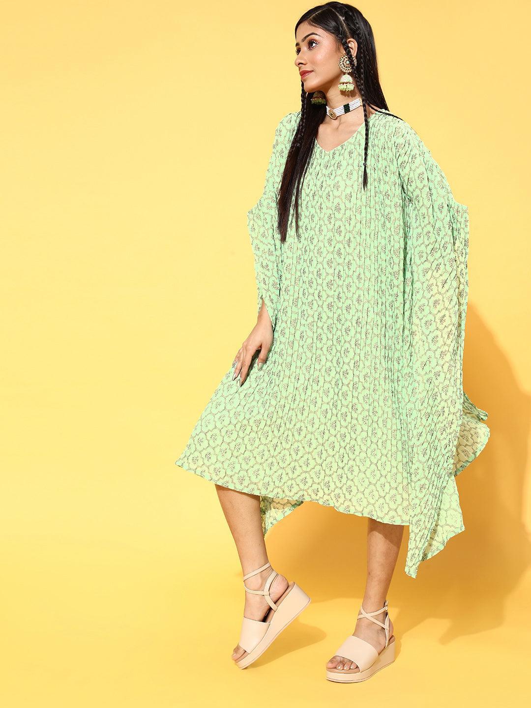 Green Printed Georgette Dress - ShopLibas