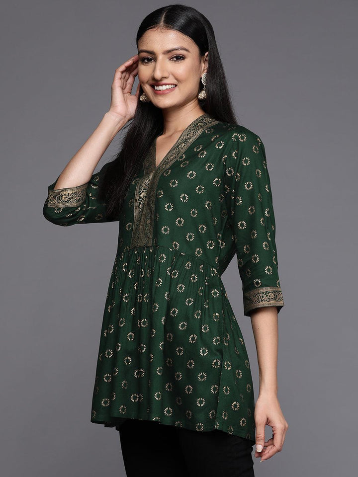 Green Printed Rayon A-Line Kurti - Libas