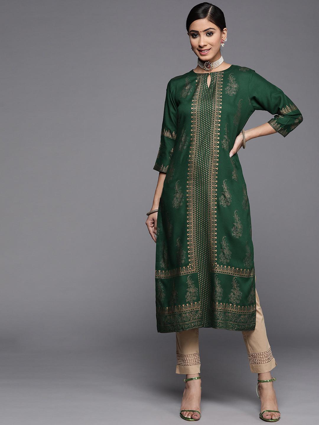 Green Printed Rayon Straight Kurta - ShopLibas