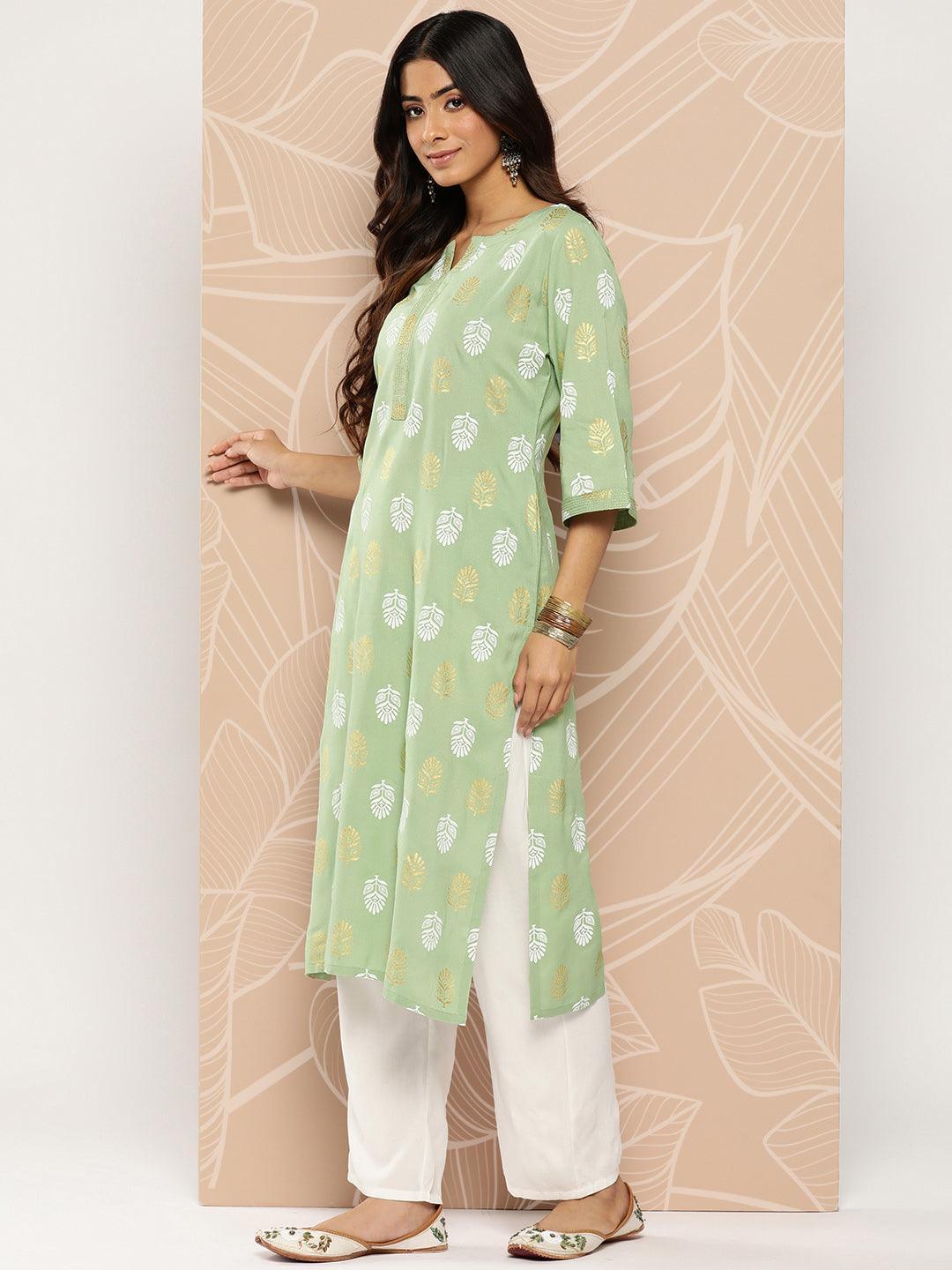 Green Printed Rayon Straight Kurta - Libas 