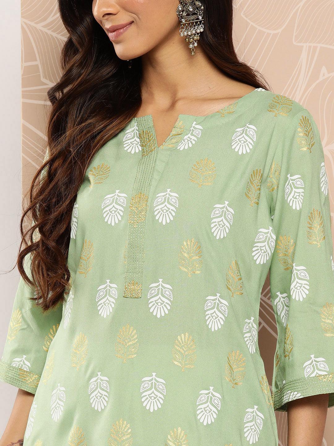 Green Printed Rayon Straight Kurta - Libas 