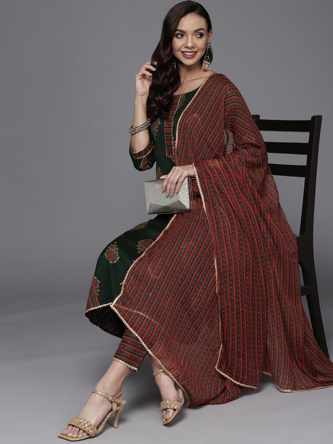 Green Printed Rayon Straight Suit Set - ShopLibas 