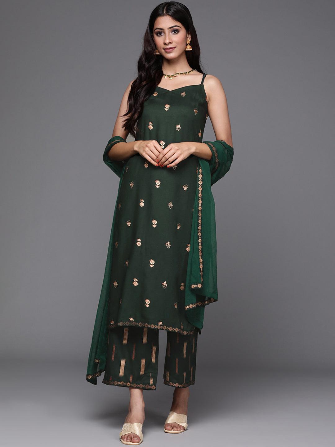 Green Printed Rayon Suit Set - ShopLibas