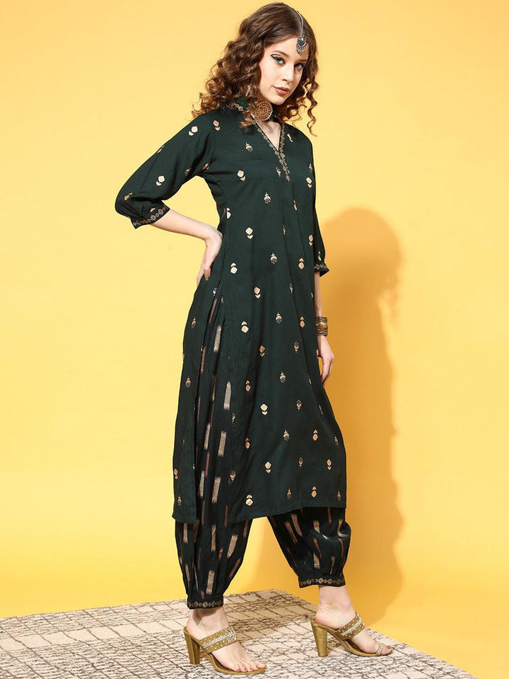 Green Printed Rayon Suit Set - ShopLibas