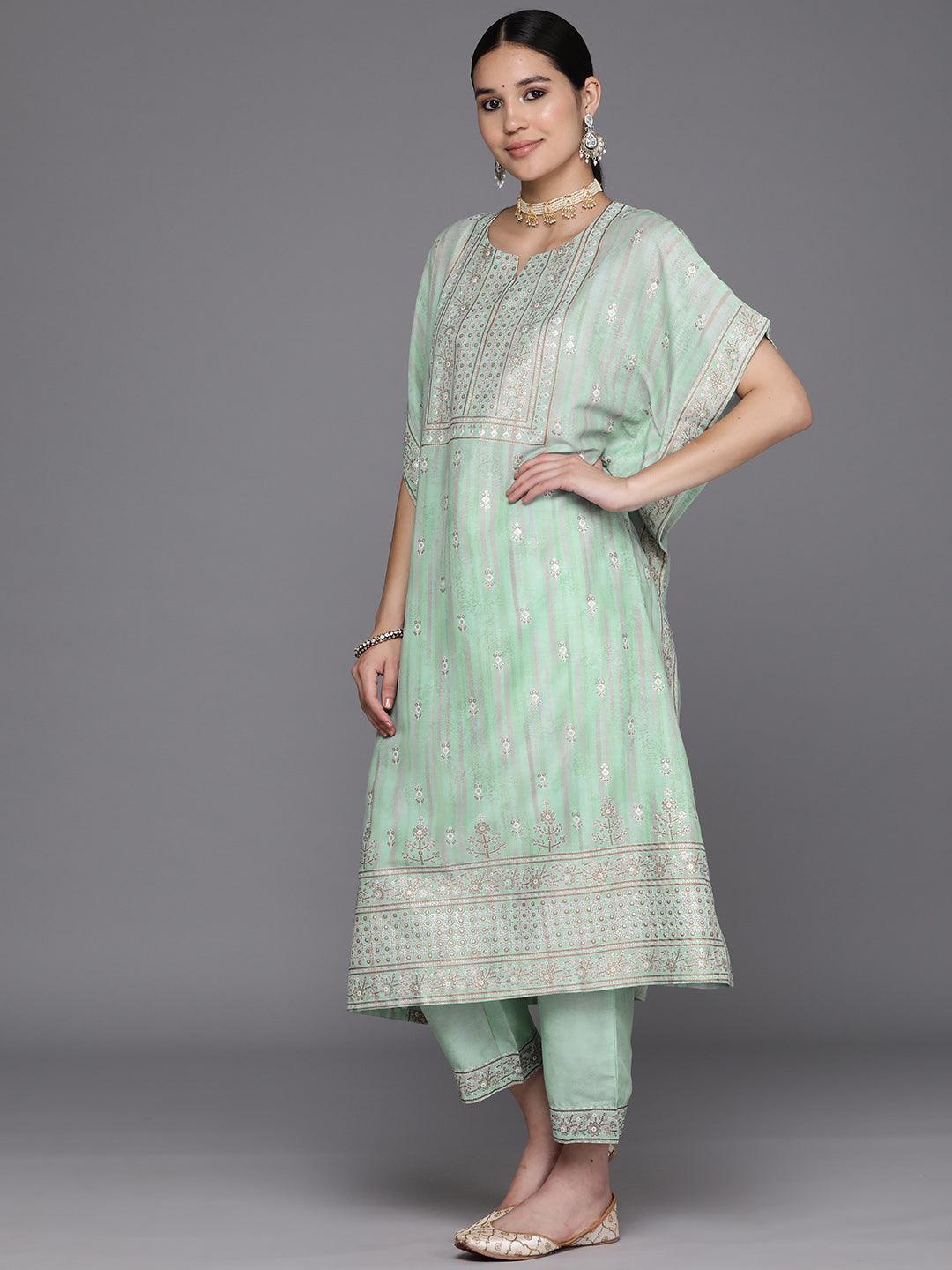 Green Printed Silk Blend Kaftan Kurta Set With Trousers - Libas 