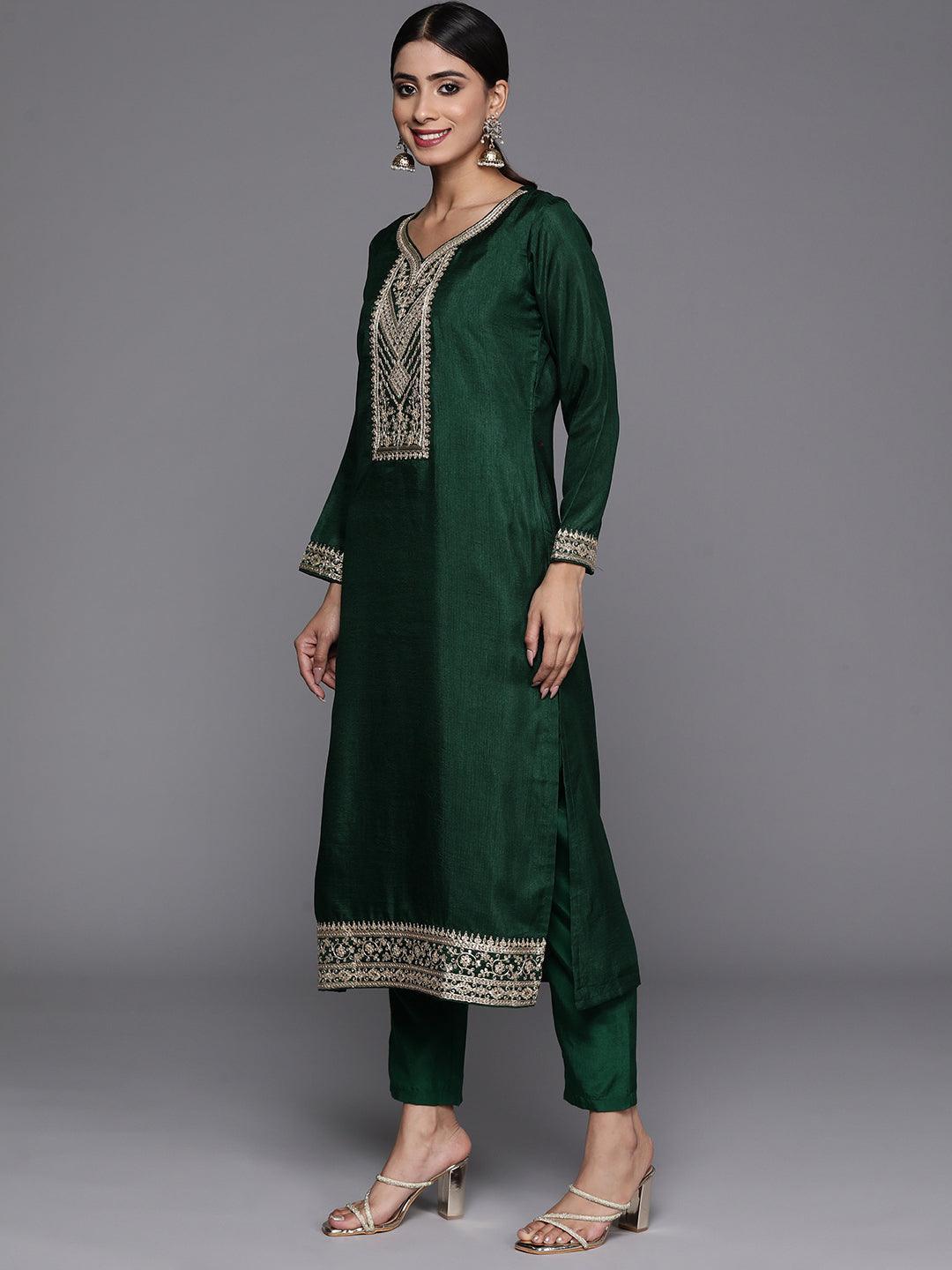 Green Printed Silk Blend Straight Kurta With Trousers & Dupatta - Libas 