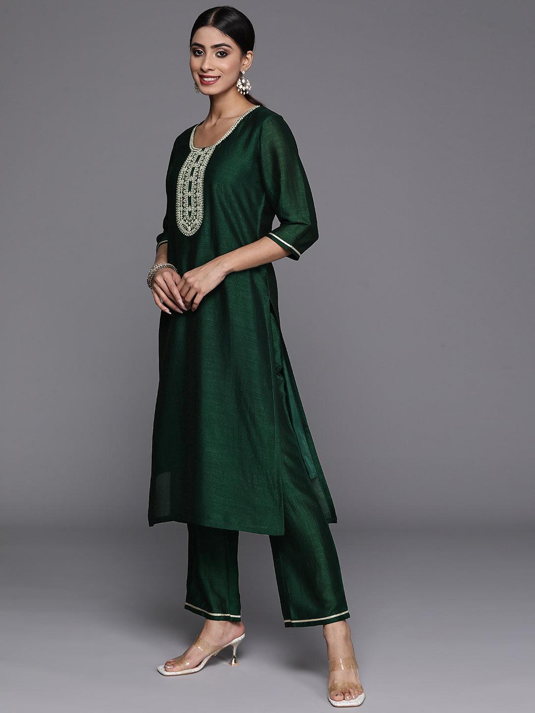Green Printed Silk Blend Straight Kurta With Trousers & Dupatta - Libas 