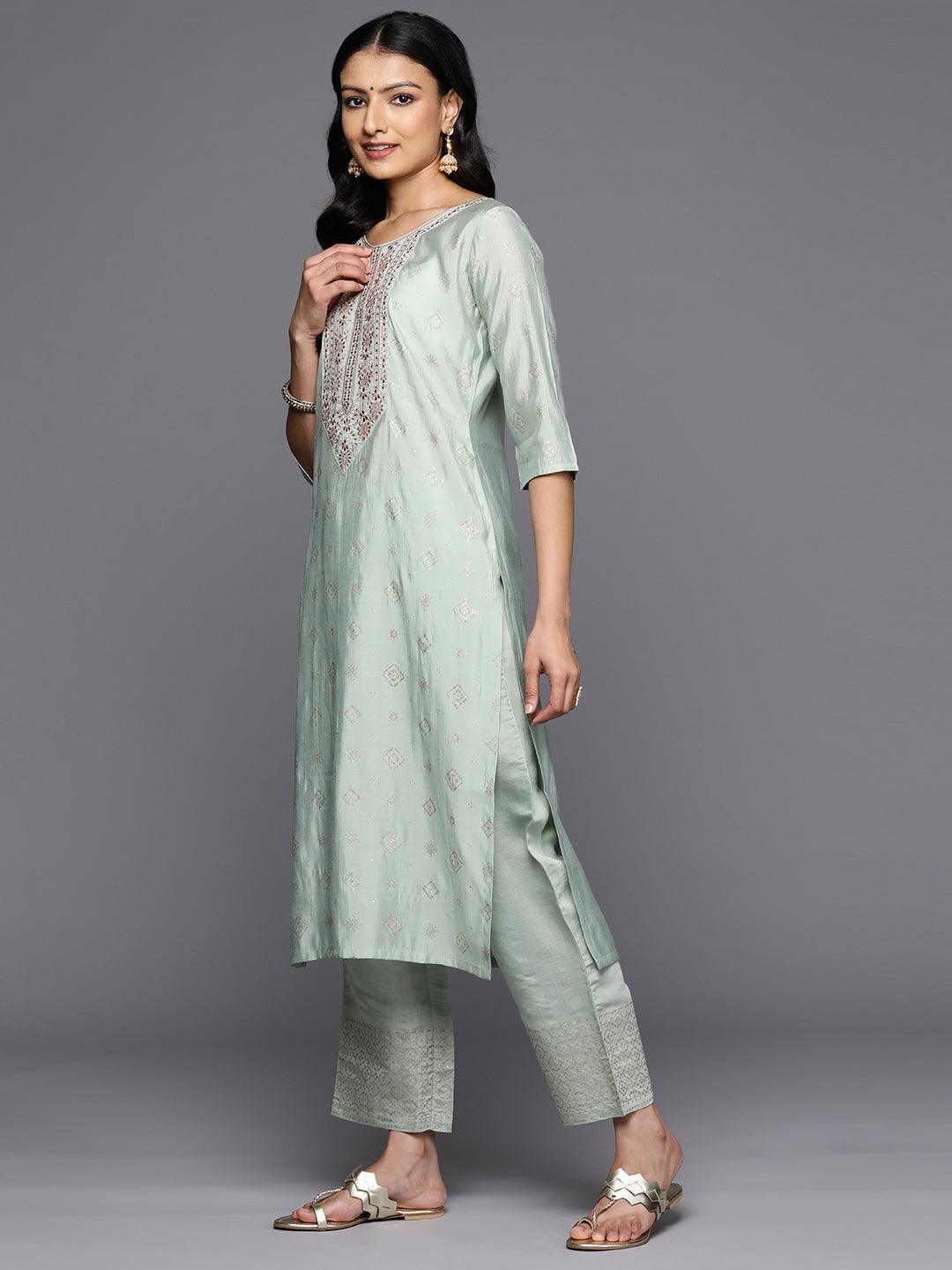 Green Printed Silk Blend Straight Kurta With Trousers & Dupatta - Libas 