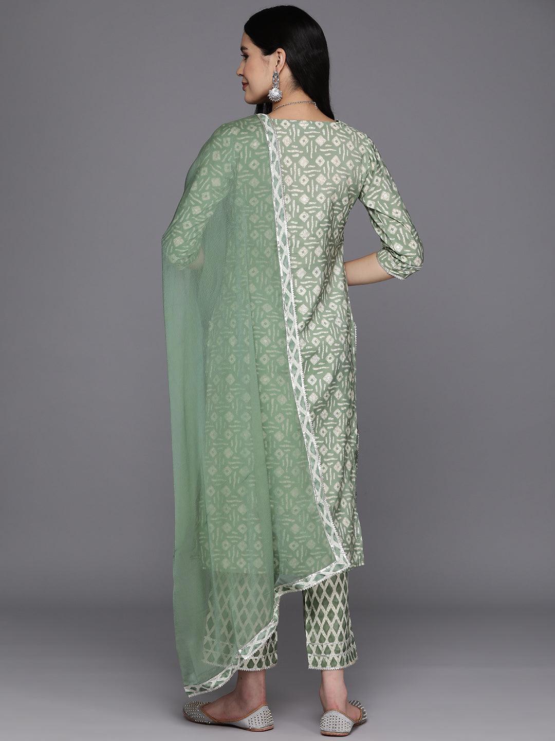 Green Printed Silk Blend Straight Suit Set With Trousers - Libas 