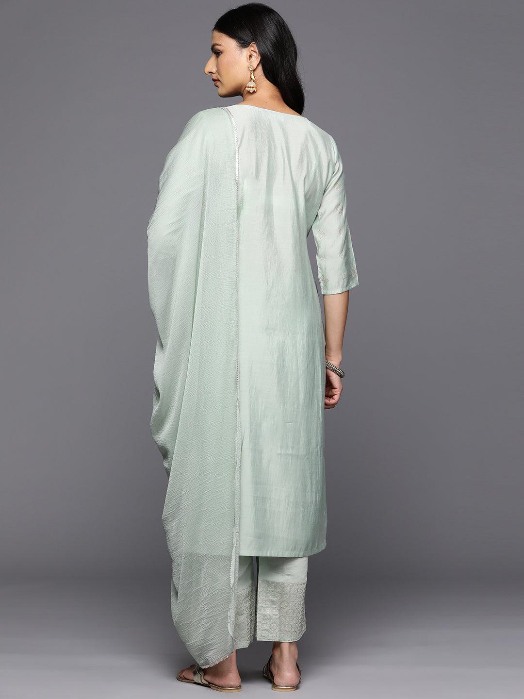 Green Printed Silk Blend Straight Kurta With Trousers & Dupatta - Libas 