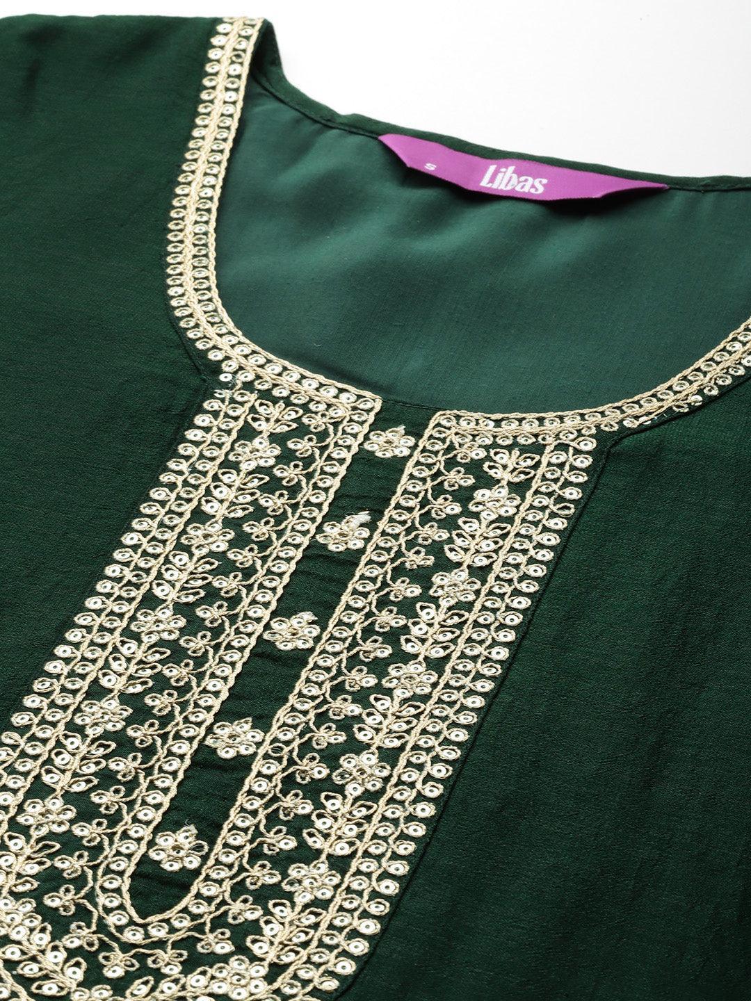 Green Printed Silk Blend Straight Kurta With Trousers & Dupatta - Libas 
