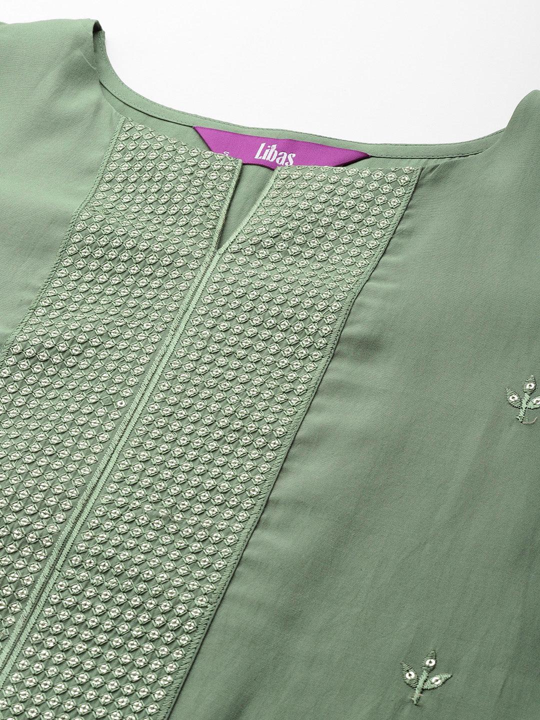 Green Printed Silk Blend Straight Kurta With Trousers & Dupatta - Libas 
