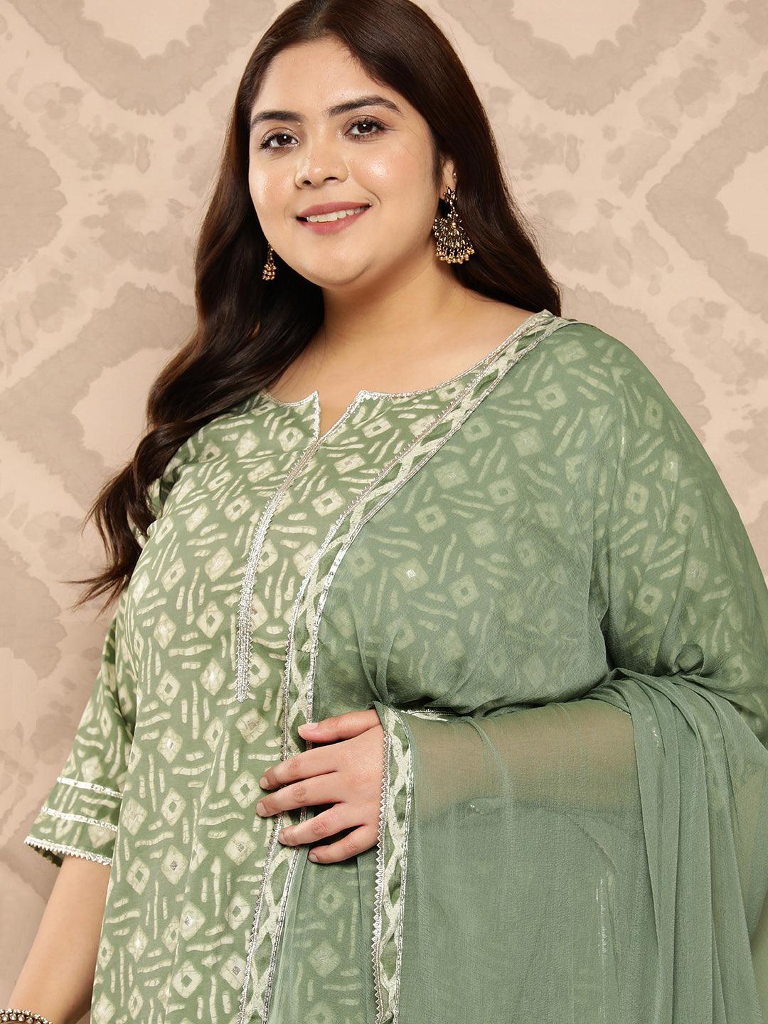 Green Printed Silk Blend Straight Kurta With Trousers and Dupatta - Libas 