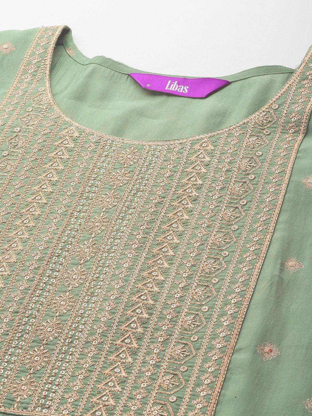 Green Printed Silk Blend Straight Kurta With Trousers & Dupatta - Libas 