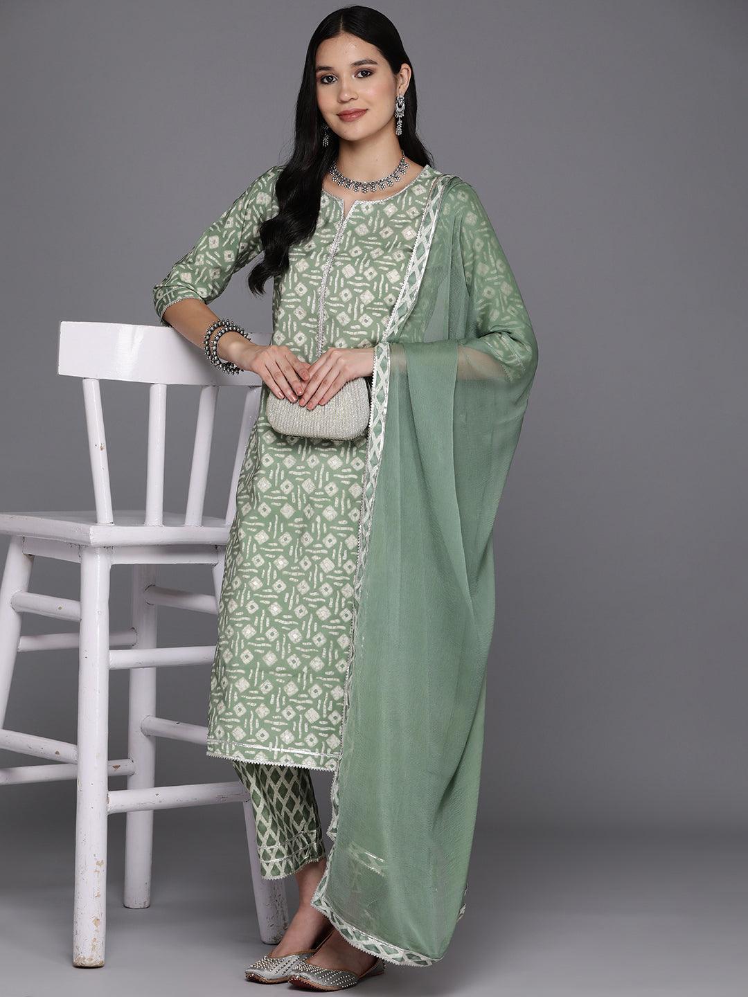 Green Printed Silk Blend Straight Suit Set With Trousers - Libas 