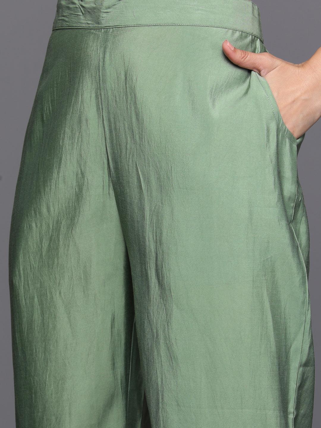 Green Printed Silk Blend Straight Kurta With Trousers & Dupatta - Libas 