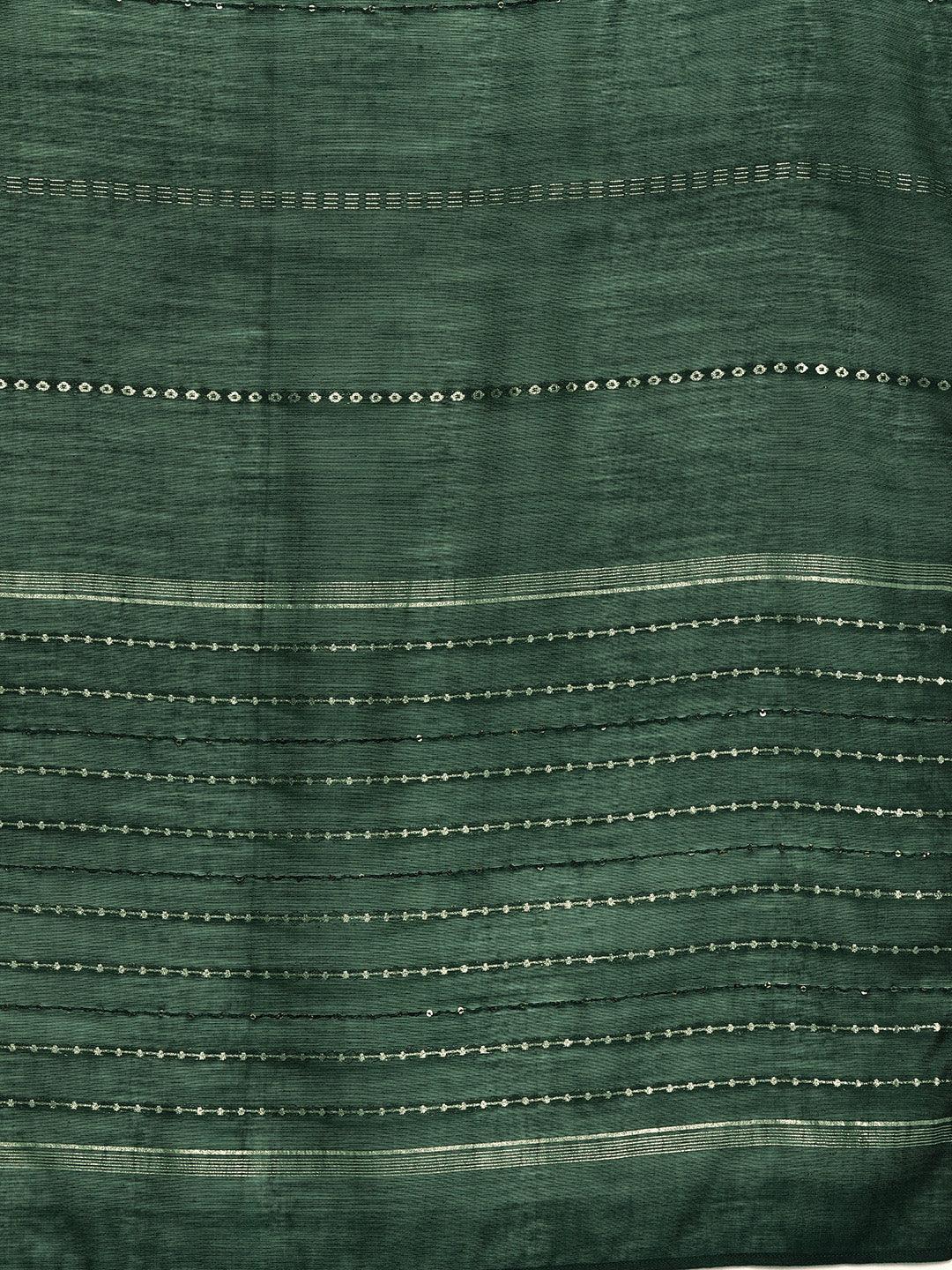 Green Printed Silk Blend Straight Kurta With Trousers & Dupatta - Libas 