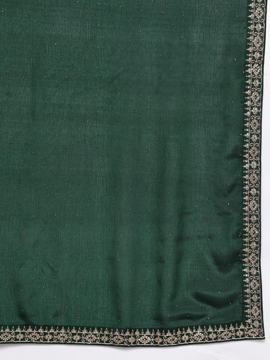 Green Printed Silk Blend Straight Kurta With Trousers & Dupatta - Libas 