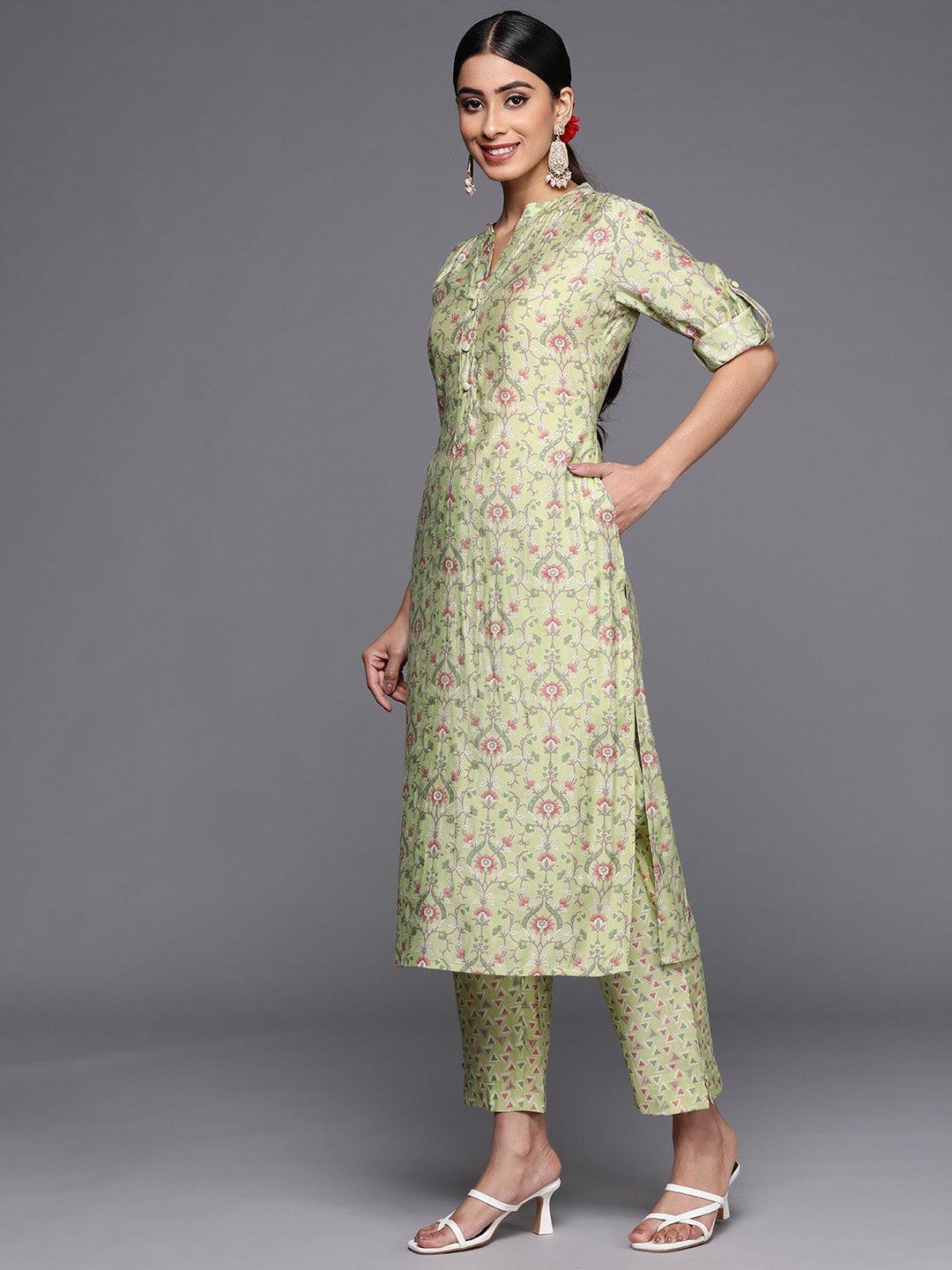 Green Printed Silk Blend Straight Kurta Set With Trousers - ShopLibas 