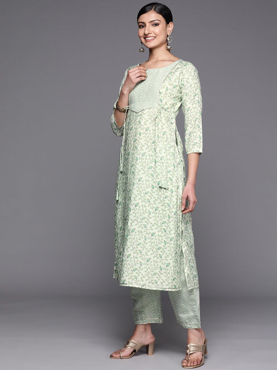 Green Printed Silk Blend Straight Kurta Set With Trousers - ShopLibas 