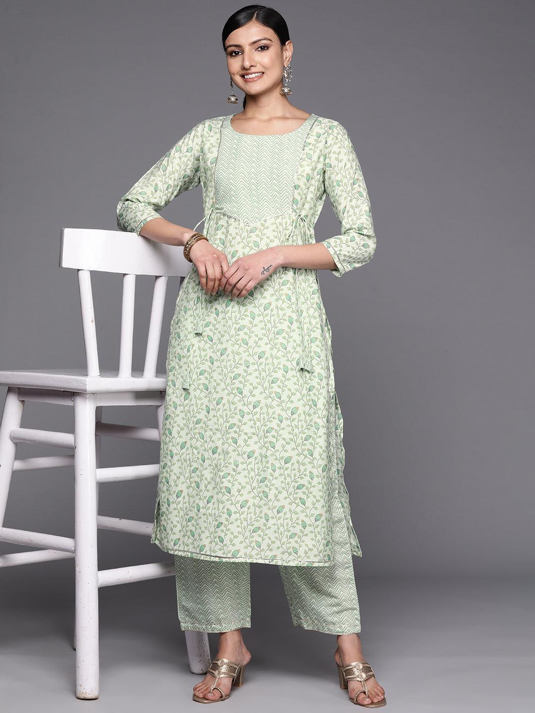 Green Printed Silk Blend Straight Kurta Set With Trousers - ShopLibas 