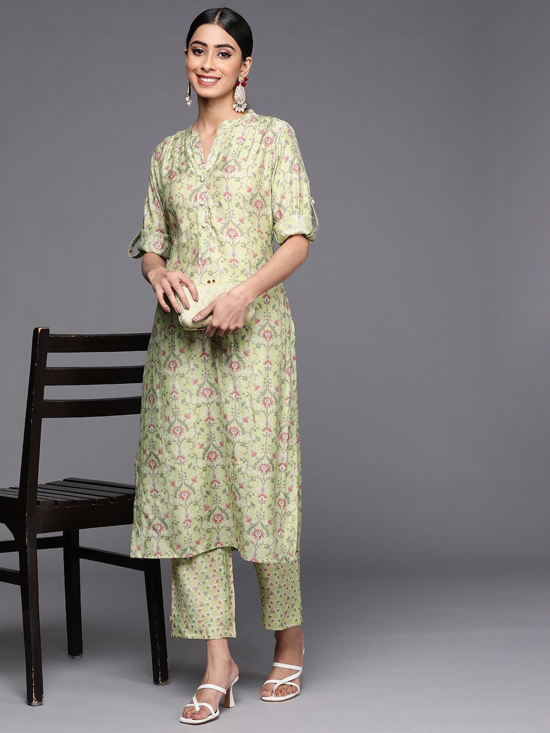 Green Printed Silk Blend Straight Kurta Set With Trousers - ShopLibas 