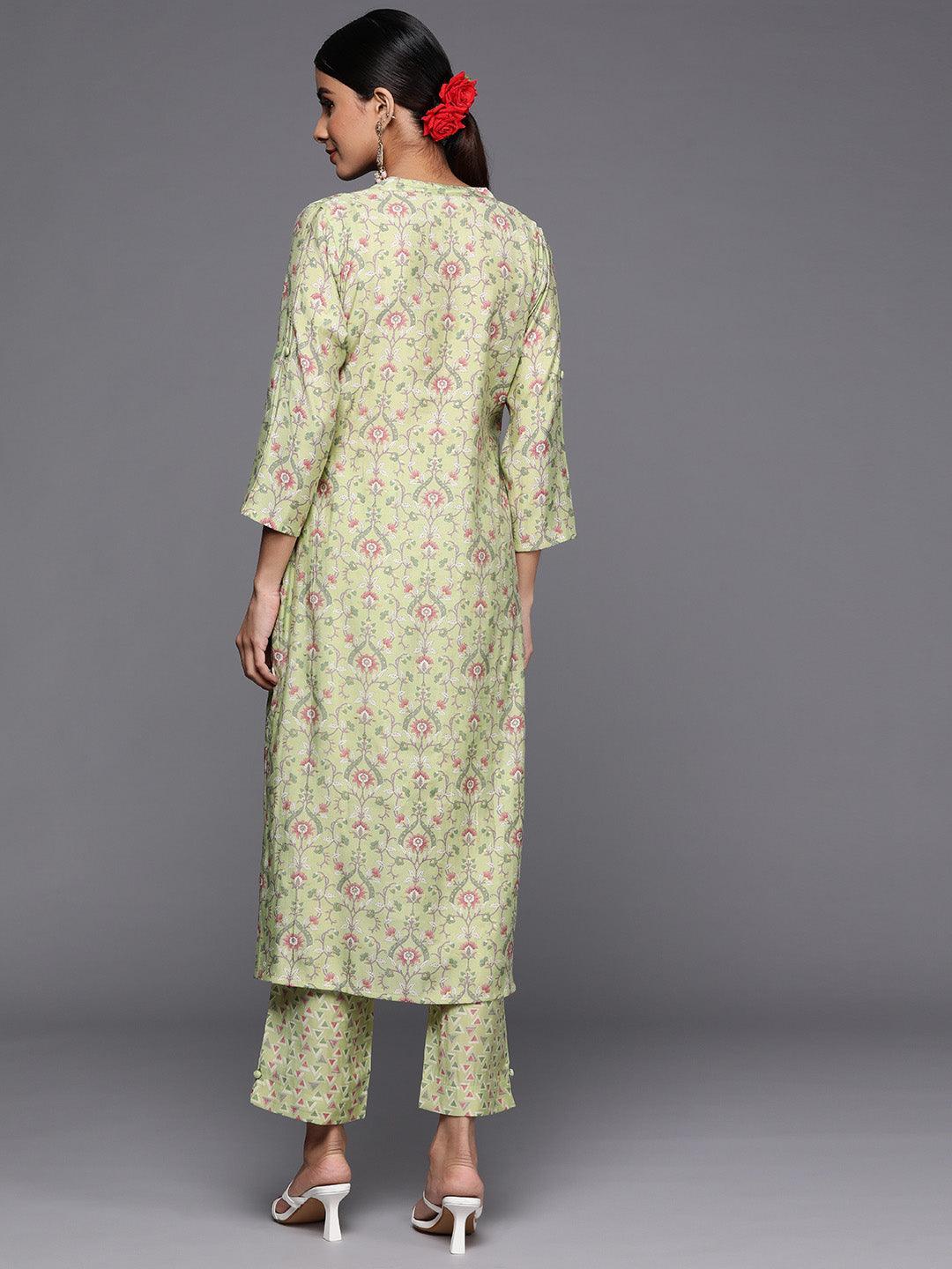 Green Printed Silk Blend Straight Kurta Set With Trousers - ShopLibas 