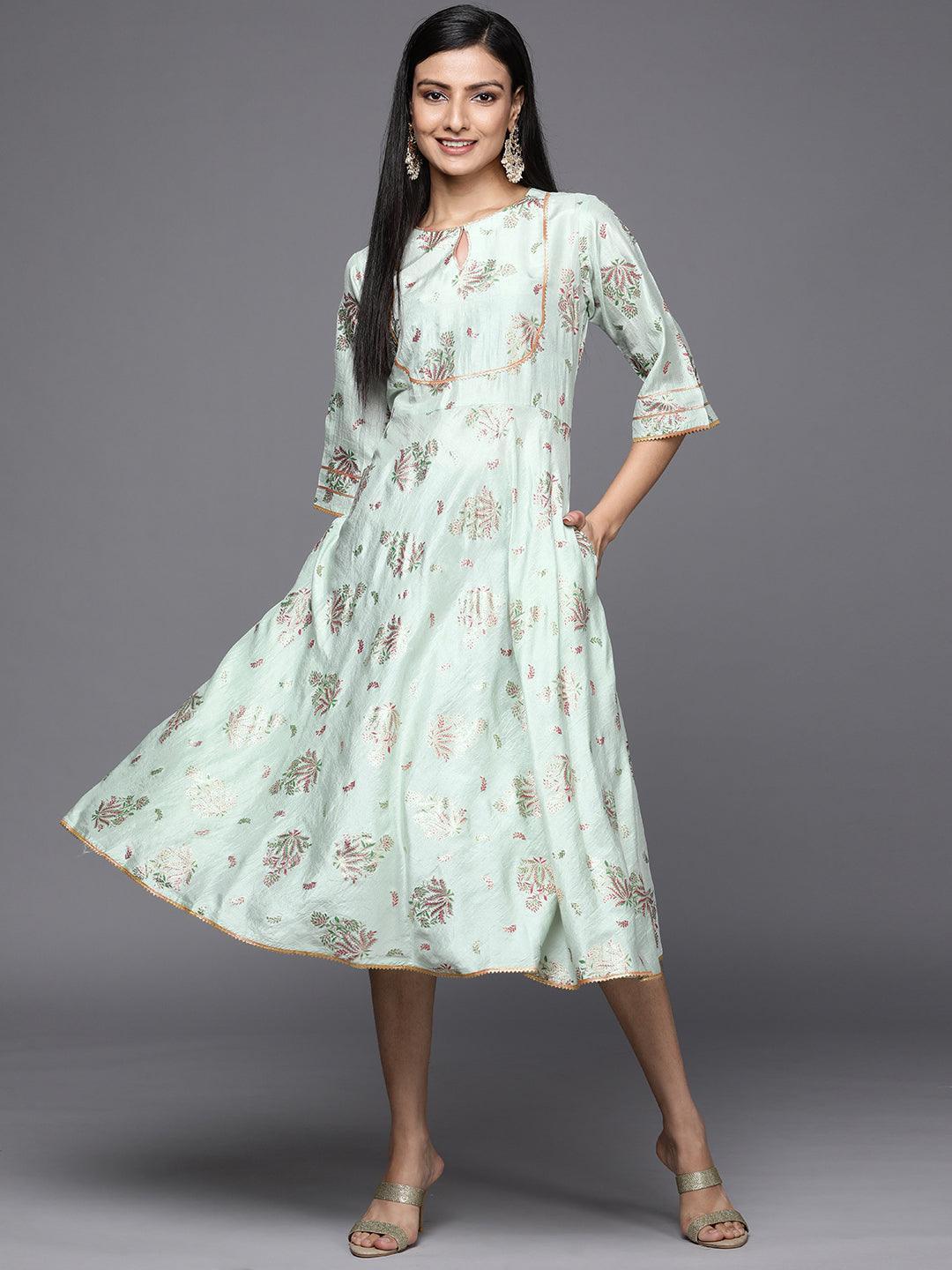 Green Printed Silk Empire Dress - ShopLibas