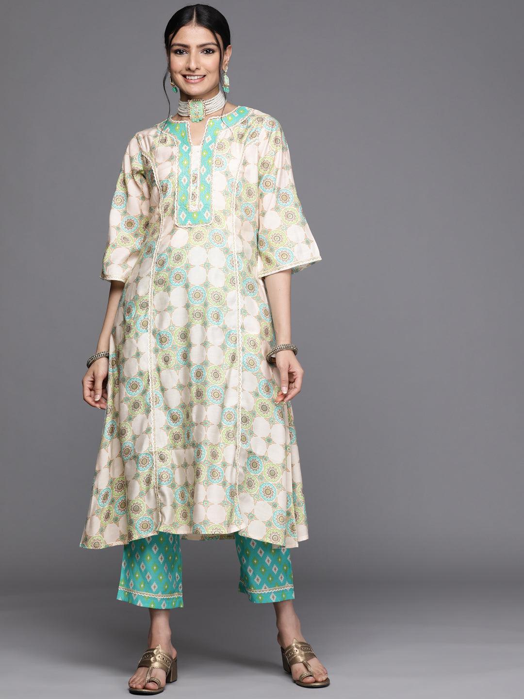 Green Printed Silk Kurta - ShopLibas