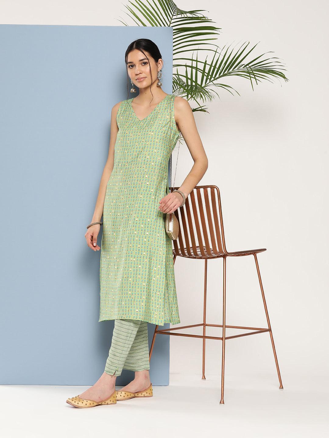 Green Printed Silk Straight Kurta - ShopLibas