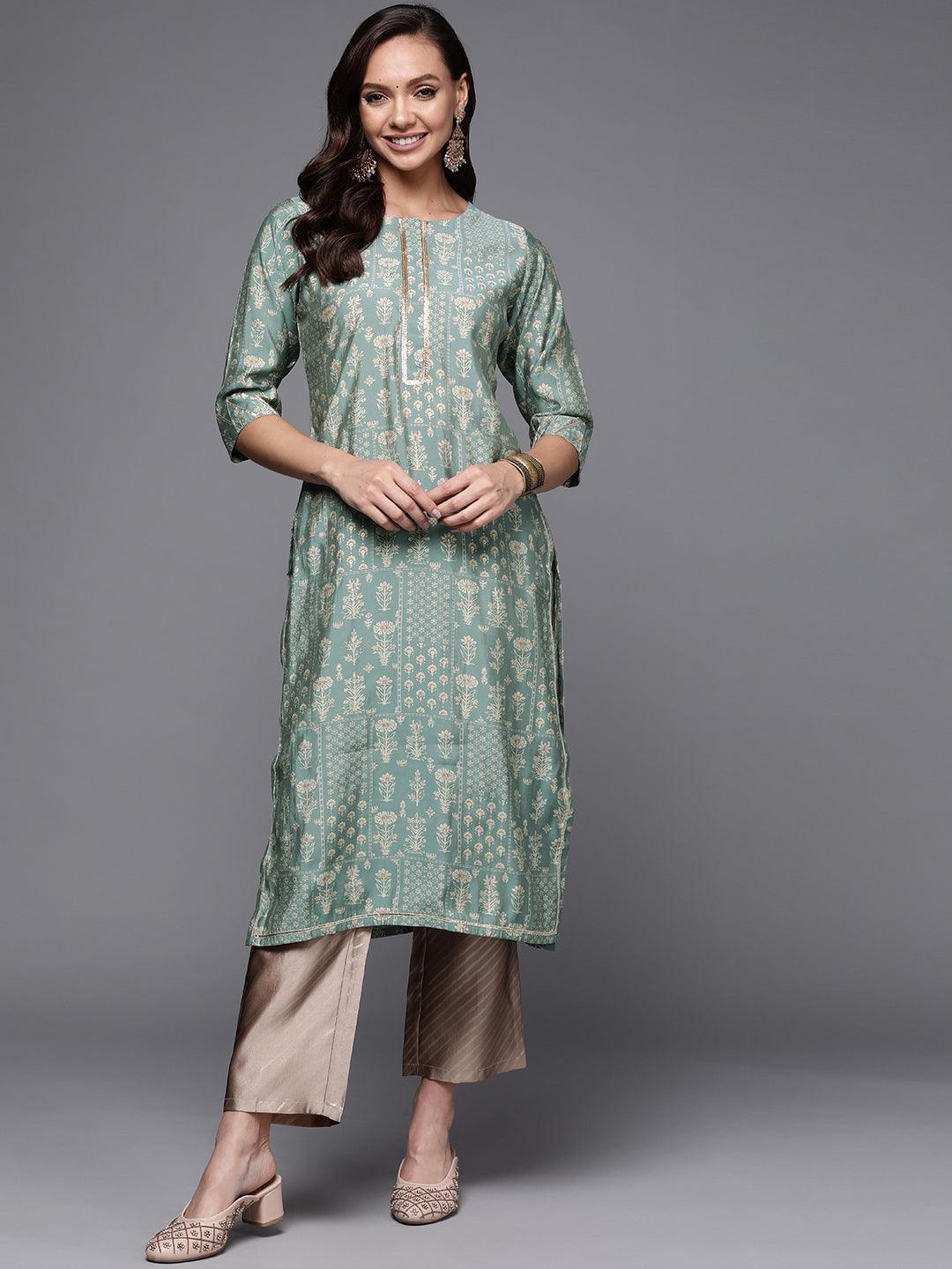 Green Printed Silk Straight Kurta - ShopLibas
