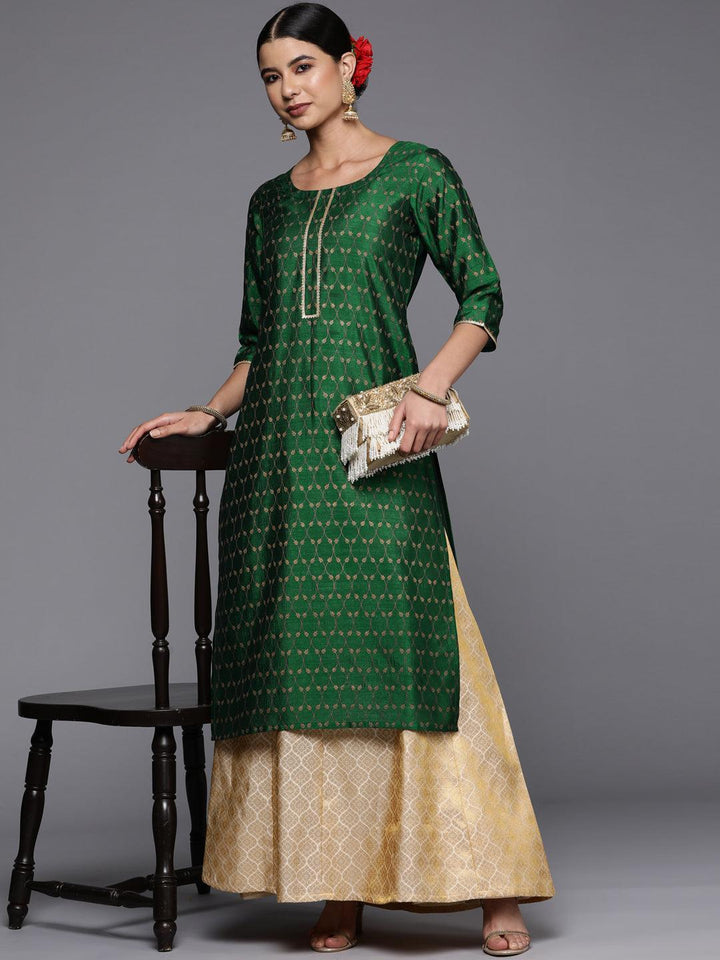 Green Printed Silk Straight Kurta - ShopLibas