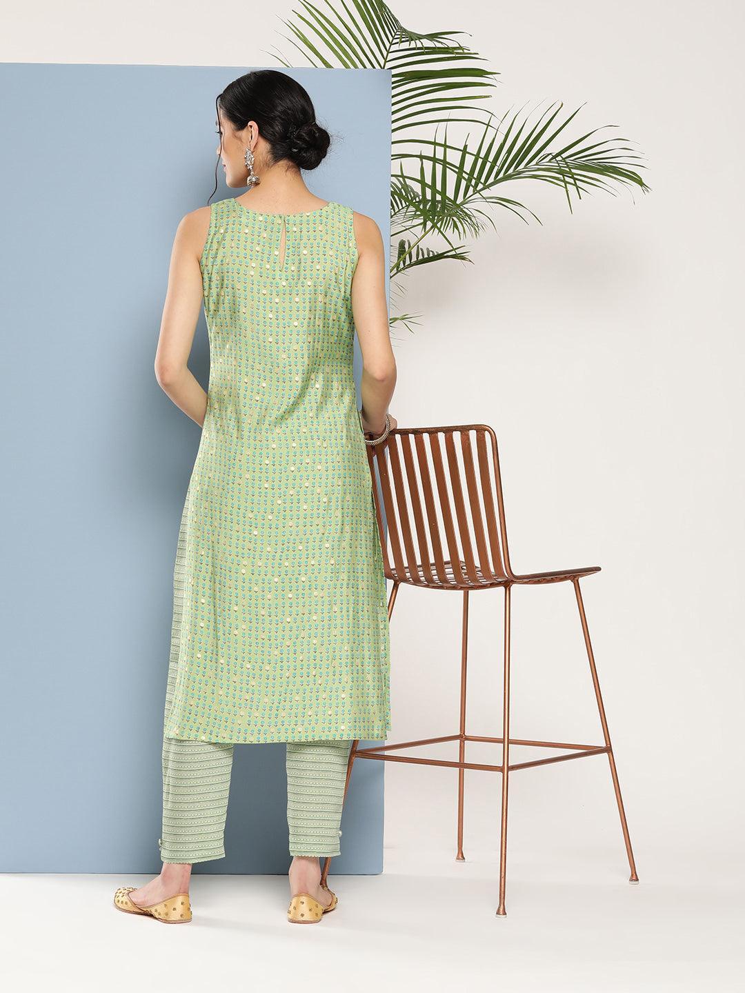 Green Printed Silk Straight Kurta - ShopLibas 