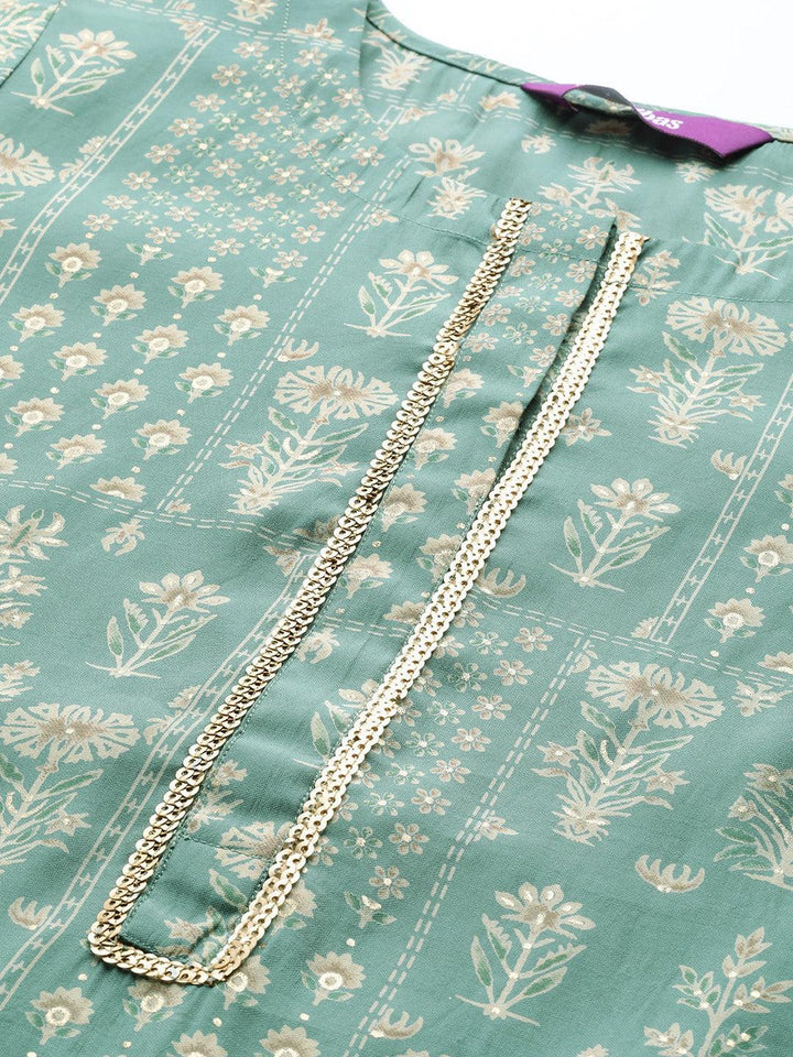 Green Printed Silk Straight Kurta - ShopLibas