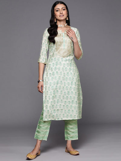 Green Printed Silk Straight Kurta Set With Trousers - ShopLibas