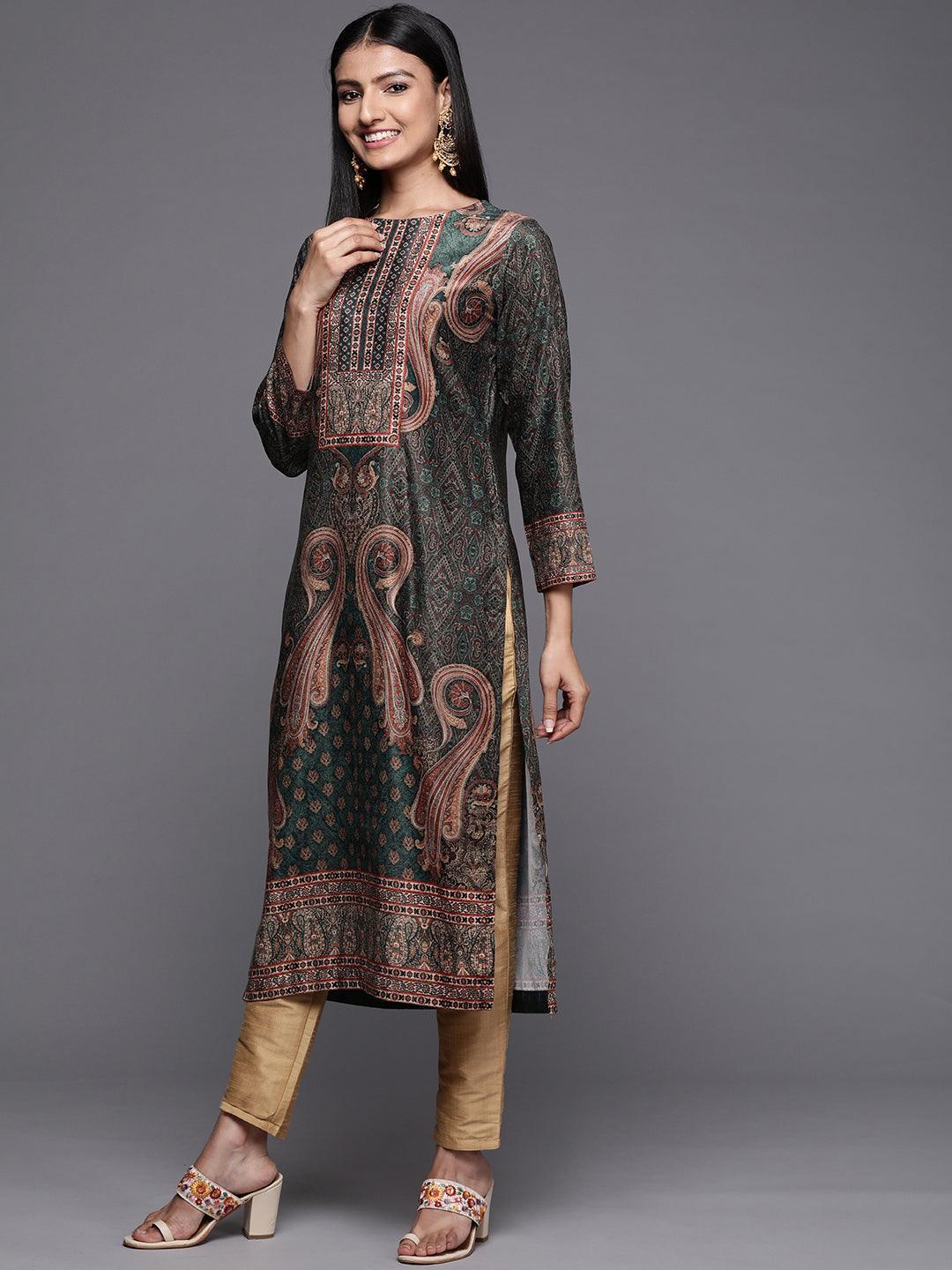 Green Printed Velvet Straight Kurta - Libas 