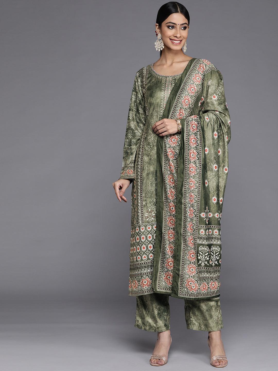 Green Printed Velvet Straight Suit Set - ShopLibas 