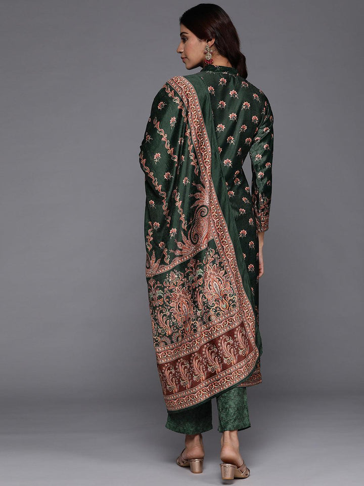 Green Printed Velvet Straight Kurta With Dupatta