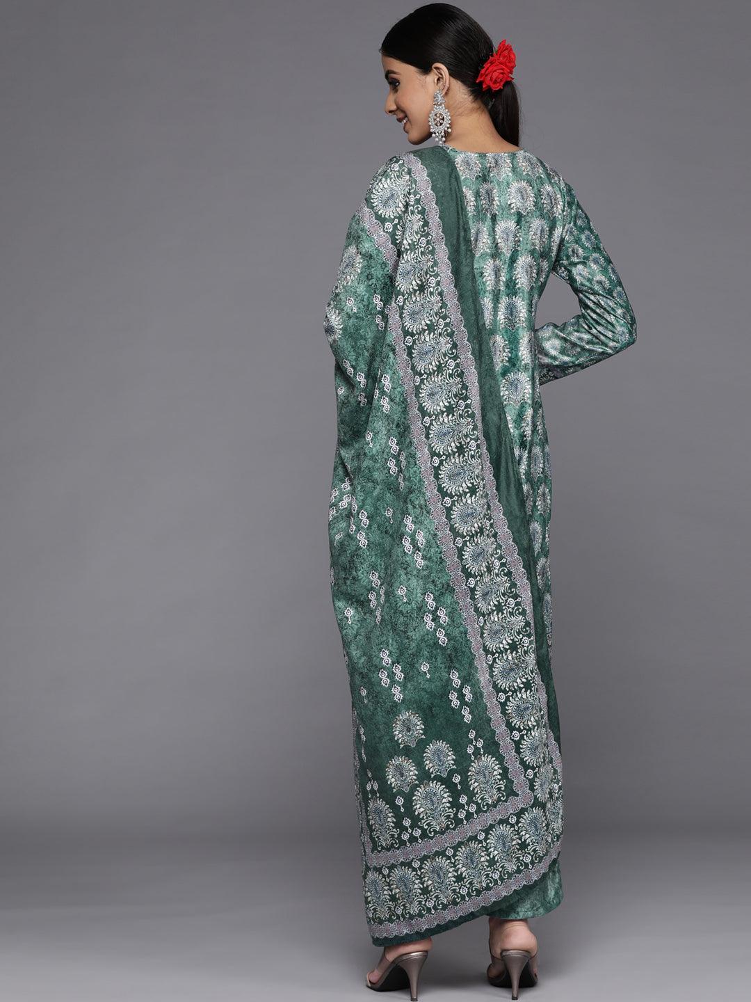 Green Printed Velvet Straight Suit Set With Trousers - Libas 